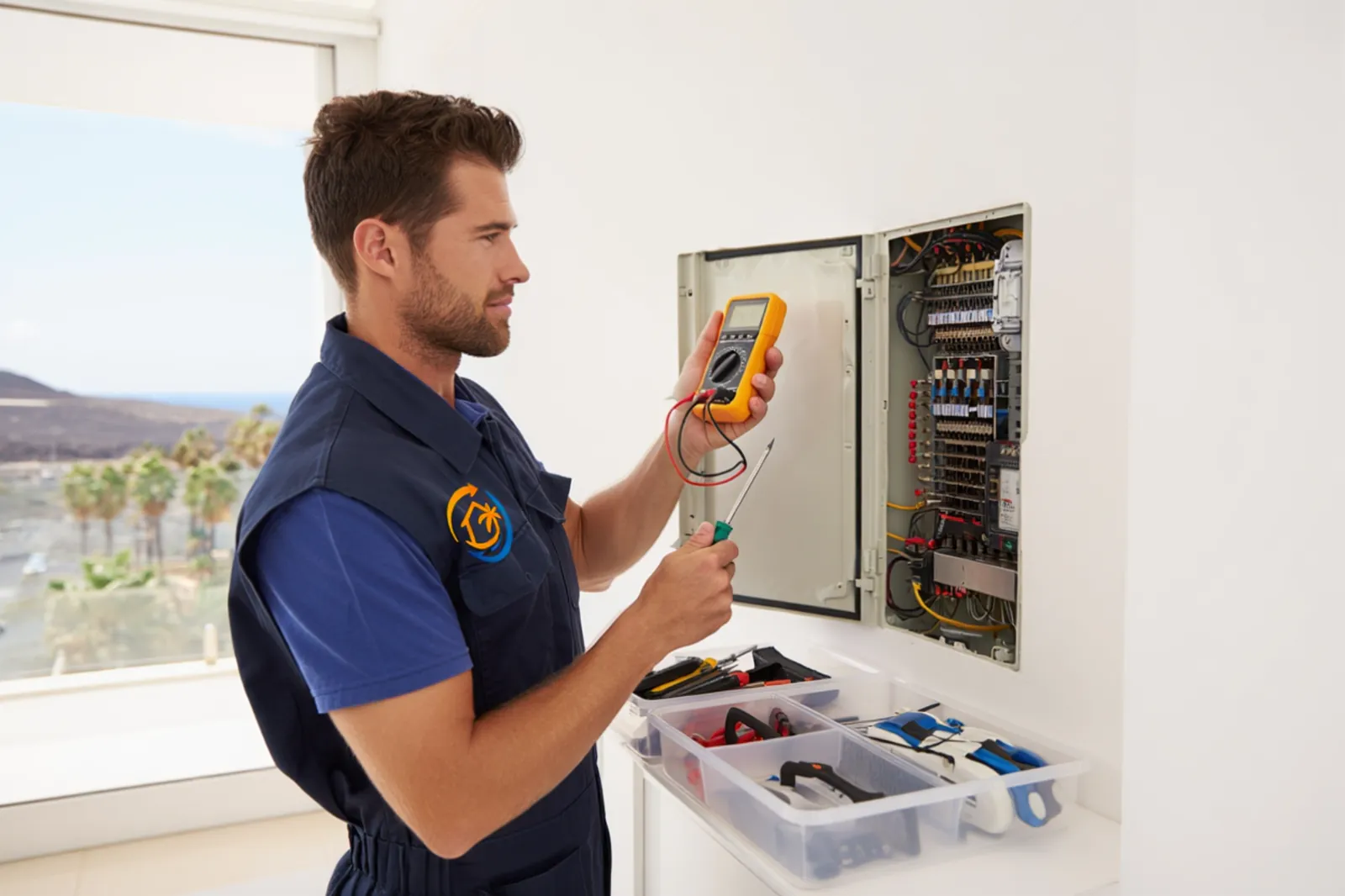 Tecnico che controlla quadro elettrico in appartamento a Fuerteventura