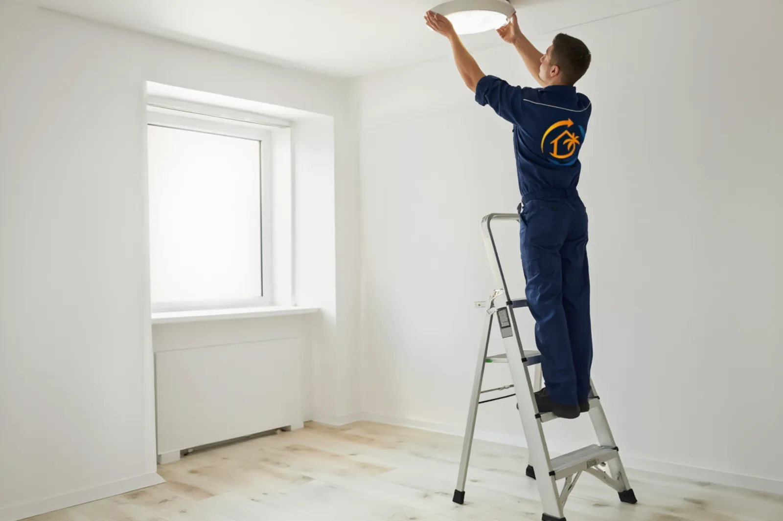Tecnico che sostituisce una lampada durante manutenzione appartamento a Fuerteventura